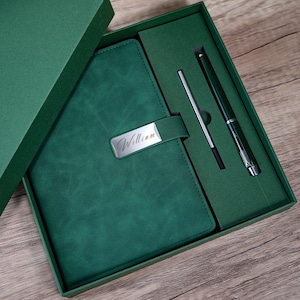 Gepersonaliseerde leren notitieboekenset met gegraveerde naam, aangepaste kleuropties, geschenkdoos en pen voor Moederdag/Vaderdag