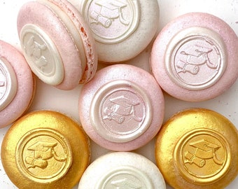 Graduation Macarons - Macaroons Cookies Treats Delicious Flavor - Shiny Pearl Pink White Graduation Cap Dessert - Carousel Macarons