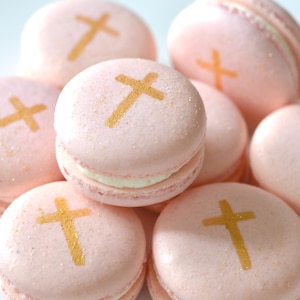 Pink Communion Cross Macarons - Edible Gold Cross Treats Macaroons Cookies - First Holy Vanilla Bean - Carousel Macarons