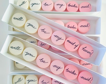 Bridesmaid Proposal Macarons - Set of 12 - Bundle - Macaroons Cookies Dessert French Maid of Honor Wedding Day Bride Gifts Raspberry Vanilla
