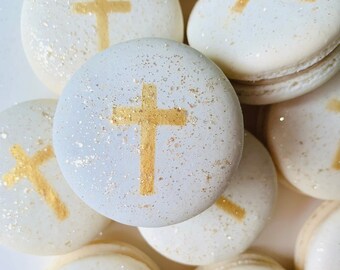 White Communion Cross Macarons - Edible Gold Cross Treats Macaroons Cookies - First Holy Vanilla Bean - Carousel Macarons