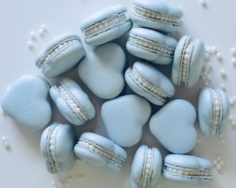 Heart-Shaped Dusty Blue Pearl Macarons - Macaroons Cookies Treats Delicious - Bridal Wedding Baby Shower Event Gift Boy Celebration
