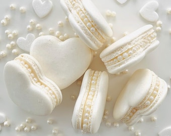 Heart-Shaped White Pearl Macarons - Macaroons Cookies Treats Delicious - Bridal Wedding Shower Event - Carousel Macarons