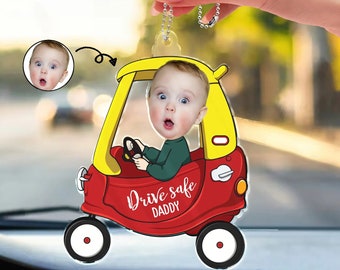 Car Drive Safe Ornament Hanger Acrylic Baby Photo, Custom Name Drive Safe Hanger Photo Driving Car, Kid Photo Drive Safe Daddy Car Hanging