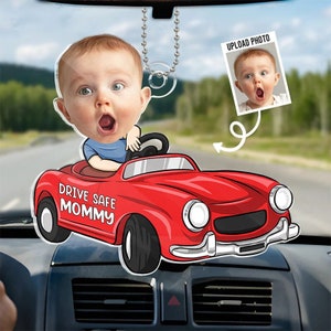 Custom Name Kid Photo Driving Car Hanging Decor, Personalized Acrylic Baby Photo Car Ornament, Kid Photo Drive Safe Daddy Acrylic Car Hanger