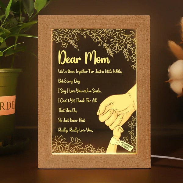 Personalized Mother And Children I Love You Mom Wood Frame Light Box, Custom Name Wooden Holding Hand Mother Day Gift Night Light Box