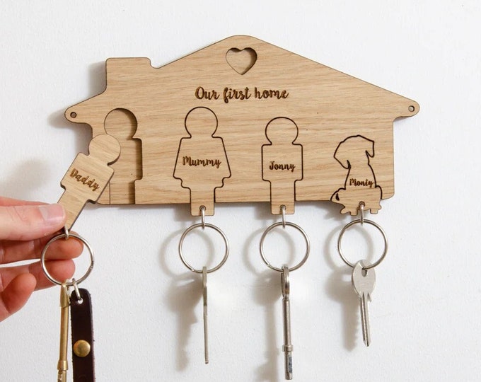 Custom Family Name Key Hanger Wooden Wall Hanging Decor, Wooden Key Ring Holder Housewarming Gifts, Personalized Family Key Ring Holder