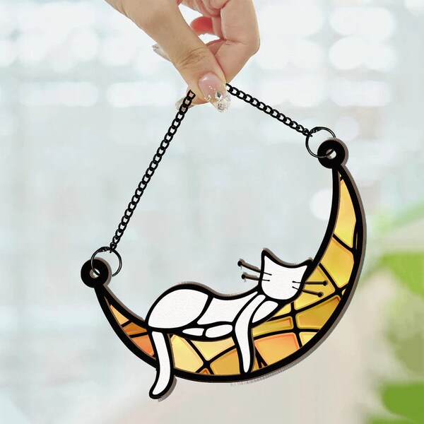 Sleeping Cat On Moon Personalized Acrylic Ornament, Suncatcher Ornament Sympathy Window Hanging, Gift for Cat Lovers, Cat Memorial Gifts