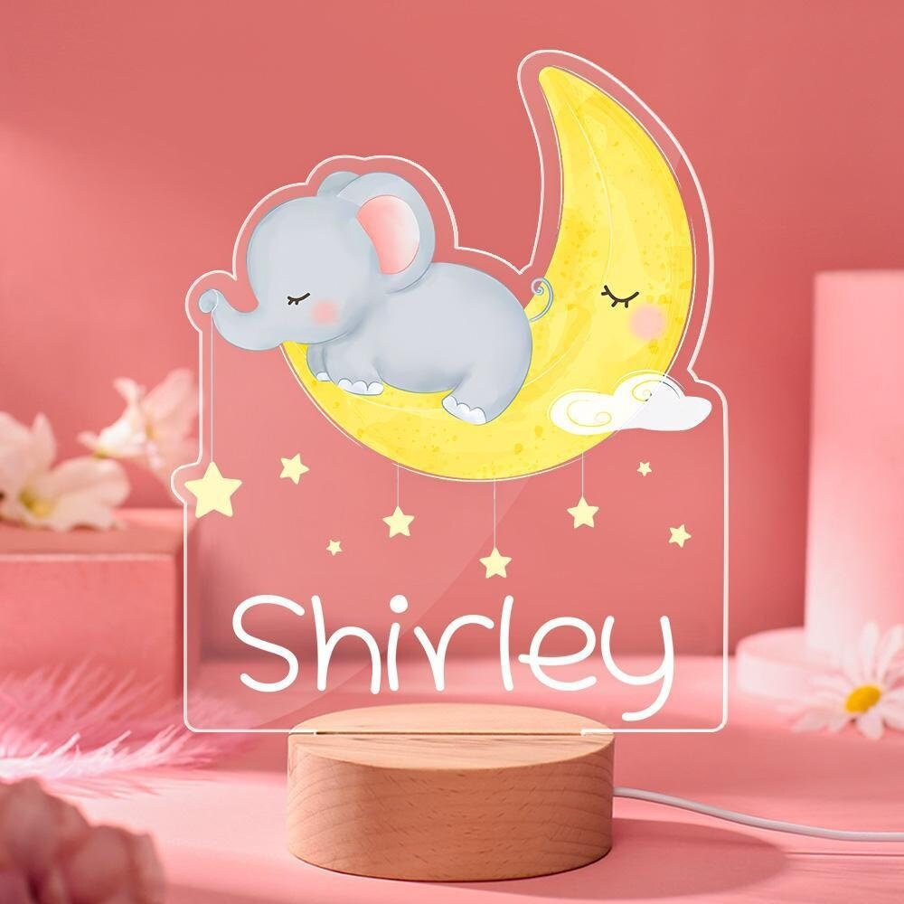 veilleuse personnalisée mignonne éléphant lune et étoiles, nom personnalisé lampe de chambre bébé lumière nuit nuage pour fille décoration