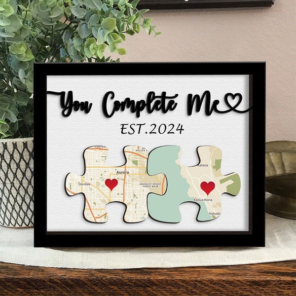 Personalized You Complete Me Puzzle Sign Wooden Frame, Wood Map Puzzle Piece Sign Decoration, You Complete Me Sign Gift For Valentine's Day