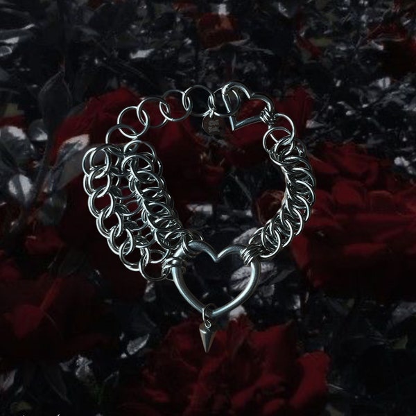 BRACELET "ABYSSAL LOVE", bracelet cœur en acier inoxydable, bracelet en côte de maille, accessoire gothique/alternatif, persian 4 en 1