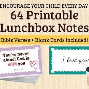 Notes de boîte à lunch chrétiennes pour enfants, imprimables chrétiennes avec des cartes vierges en bonus, encouragement à la rentrée scolaire, notes de boîte à lunch de versets bibliques