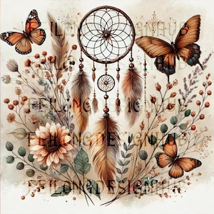 Boho Feathers Flowers Digital File, Dreamcatcher Sublimation, Butterfly Floral Shirt Png, Tshirt Digital