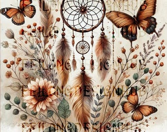 Boho Feathers Flowers Digital File, Dreamcatcher Sublimation, Butterfly Floral Shirt Png, Tshirt Digital