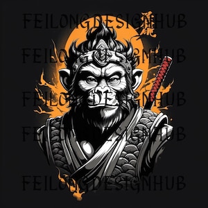 Könnte beinhalten: Eine Schwarzweißillustration eines Affen mit einem Stirnband und einem roten Schwert. Der Affe steht vor einem gelben und orangefarbenen Hintergrund mit Flammen. Der Text "Feilong Designhub" wird im Hintergrund wiederholt.