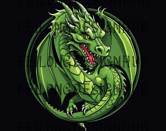 May include: A green dragon with wings curled around its body, with a fierce expression and sharp teeth. The dragon is set against a black background.