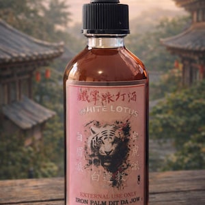 May include: A brown glass bottle with a black dropper top. The label is pink with Chinese characters, a tiger illustration, and the text "WHITE LOTUS" and "IRON PALM DIT DA JOW". The bottle contains 2oz (60ml) of liquid.
