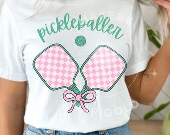 Retro Checkered Pickleballer PNG: Preppy Coquette Design (Digital PNG)