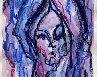 Abstract portrait of a Woman  Watercolour and Pastel abstract art Original painting