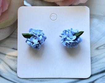 Handmade Polymer clay Hydrangea blue floral stud earrings