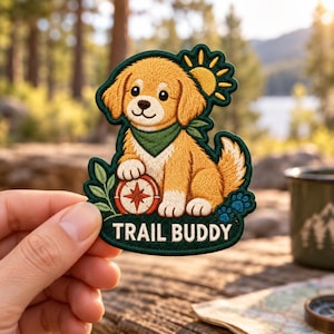 May include: An embroidered patch featuring a golden puppy wearing a green bandana, sitting next to a compass and green leaves. The design includes a yellow sun icon, blue paw prints, and the white text TRAIL BUDDY on a dark green background.