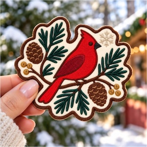 Cardinal Christmas Embroidered Patch, Winter Bird Hook and Loop Patch with Pine Cones for Backpacks, Jackets, Hats and Bird Lover Gifts
