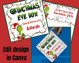 Modèle de boîte pour le grincheux, modèle de boîte pour le réveillon du grincheux pour les utilisateurs de Canva, modèle pour le grincheux à téléchargement numérique, modèle pour le grincheux, boîte pour le réveillon de Noël