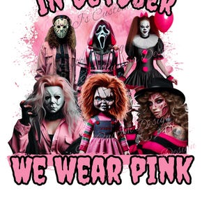 Im Oktober tragen wir rosa PNG, Horrorfilm weibliche Version Shirt Design, Halloween Shirt Design, Halloween PNG, digitale PNG, Freddy, Schrei