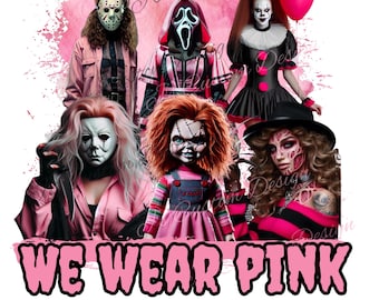 En octobre, nous portons du rose PNG, conception de chemise de version féminine de film d'horreur, conception de chemise d'Halloween, Halloween PNG, PNG numérique, Freddy, cri
