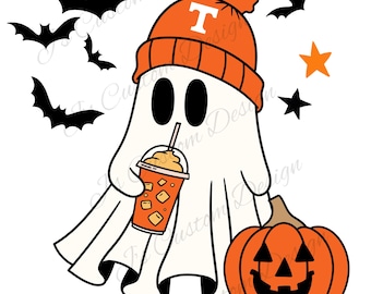 Joli ballon de football fantôme PNG, fan de football d'Halloween VOLSshirt design, design imprimable, design de tee bootleg, téléchargement numérique, fantôme avec citrouille