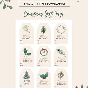 Druckbare Weihnachtsgeschenkanhänger 4 Seiten, Satz von 9, Weihnachtsgeschenkanhänger, Feiertagsgeschenkanhänger, Feiertagsweihnachtsanhänger, herunterladbar, bereit zum Drucken, PDF