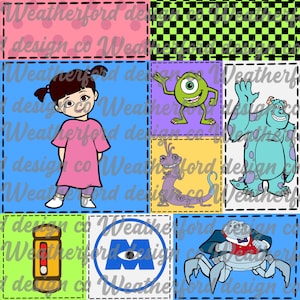 May include: A vibrant patchwork design showcasing characters from "Monsters, Inc.", including Boo, Mike Wazowski, Sulley, and Randall Boggs. The design uses a variety of colours and shapes, with a repeating pattern in the background.