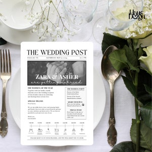 Könnte beinhalten: Eine Hochzeitsanzeige im Zeitungsstil mit der Überschrift "THE WEDDING POST" und den Namen "ZARA & ASHER". Die Anzeige enthält Details zur Veranstaltung und einen Zeitplan des Hochzeitstages.