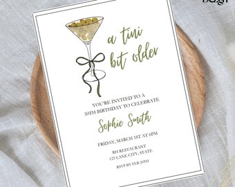 A Tini Bit Older Birthday Invitation, Dirty Martini Cocktail Theme Invite, Canva Template Invite, Bow Coquette, Digital