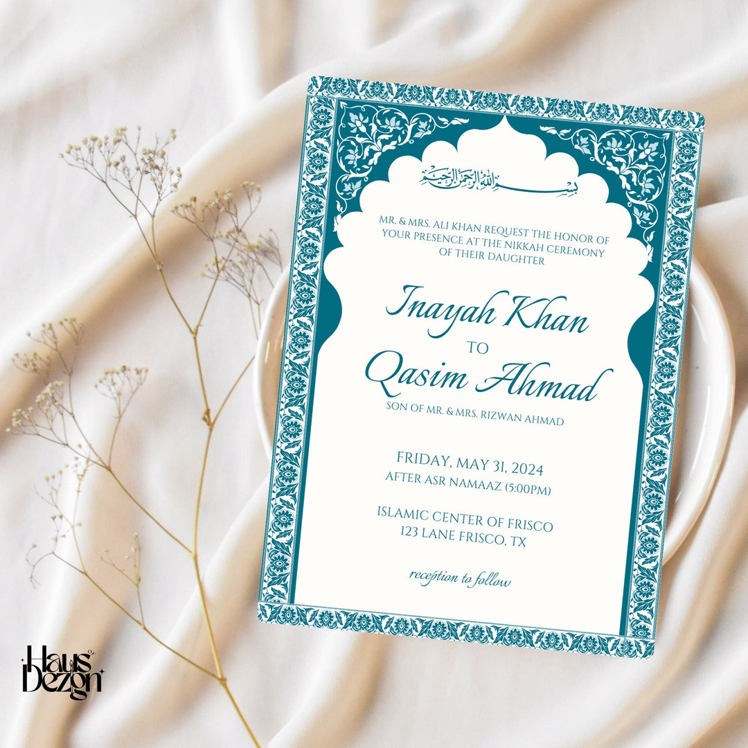 Elegant Nikkah Invitation, Teal Mughal Arch, Luxury Islamic