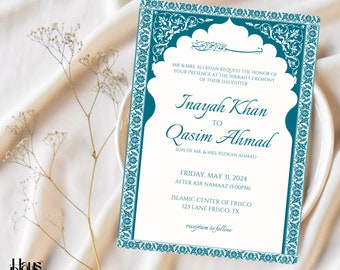 Invitation élégante à Nikkah, arche moghole bleu sarcelle, invitation à un mariage islamique de luxe, fiançailles, invitation musulmane, Walima, modèle numérique