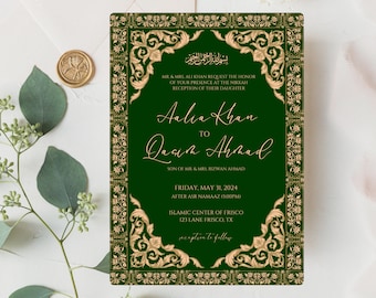 Islamitische bruiloft uitnodiging sjabloon, groen en goud uitnodigen, Nikkah, Shaadi, Walima, luxe elegant, digitale download, bewerkbare sjabloon