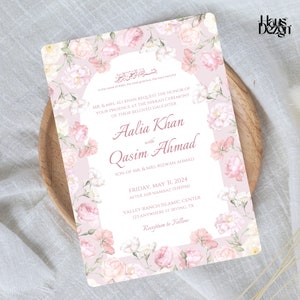 Pink Floral Nikkah Invitation, Elegant Islamic Wedding Invite, Vintage, Watercolor, Digital Template, Sage green, Ivory, Luxurious