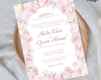 Rosa florale Nikkah-Einladung, elegante islamische Hochzeitseinladung, Vintage, Aquarell, digitale Vorlage, Salbeigrün, Elfenbein, luxuriös