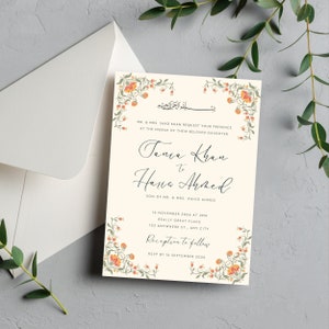 May include: A wedding invitation with a floral border in shades of orange, green, and white. The invitation announces the marriage of Tania Khan to Haris Ahmed, son of Mr. & Mrs. Zahid Ahmed. The wedding is scheduled for November 16, 2026, at 2 PM at Really Great Place, 123 Anywhere St., Any City. The reception will follow. RSVP by September 16, 2026.