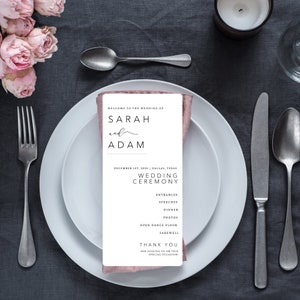 May include: A white wedding ceremony program with the names Sarah and Adam, the date December 1st, 2025, and the location Dallas, Texas. The program lists the order of events, including entrances, speeches, dinner, photos, open dance floor, and farewell. It ends with a thank you message for joining the couple on their special occasion.