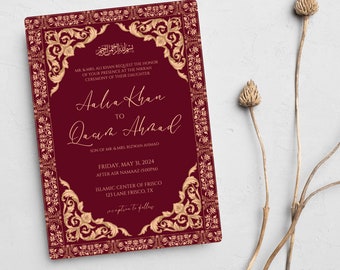 Islamic Wedding Invitation Template, Maroon and Gold Invite, Nikkah, Shaadi, Walima, Luxurious Elegant, Digital Download, Editable Template