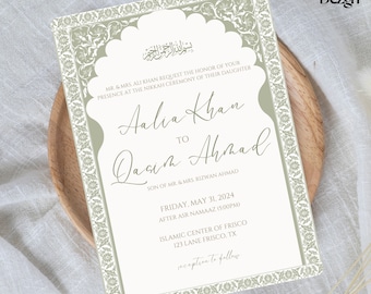 Digital Nikkah Invite- Elegant Luxury Islamic Nikkah Invitation- Mughal Arch Invite- Sage Green- Muslim- Digital Download