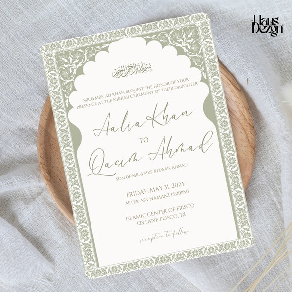 Digital Nikkah Invite- Elegant Luxury Islamic Nikkah Invitation- Mughal Arch Invite- Sage Green- Muslim- Digital Download