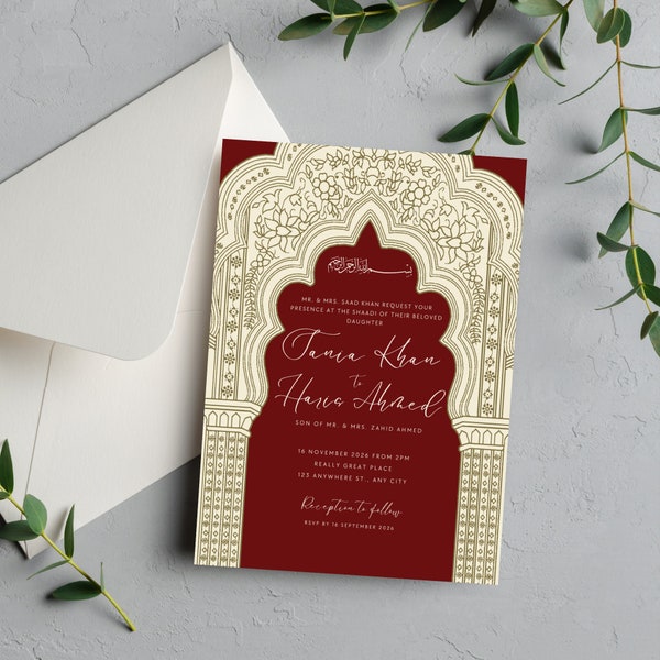 Mughal Arch Wedding Invitation - Pakistani Indian Desi Invite- Nikkah- Engagement- Digital Card