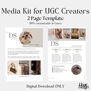 Kit média simple et épuré UGC Creator - 2 pages modifiables - Modèle de feuille de tarif pour les influenceurs - Kit de presse blogueur - Modèle TikTok Instagram