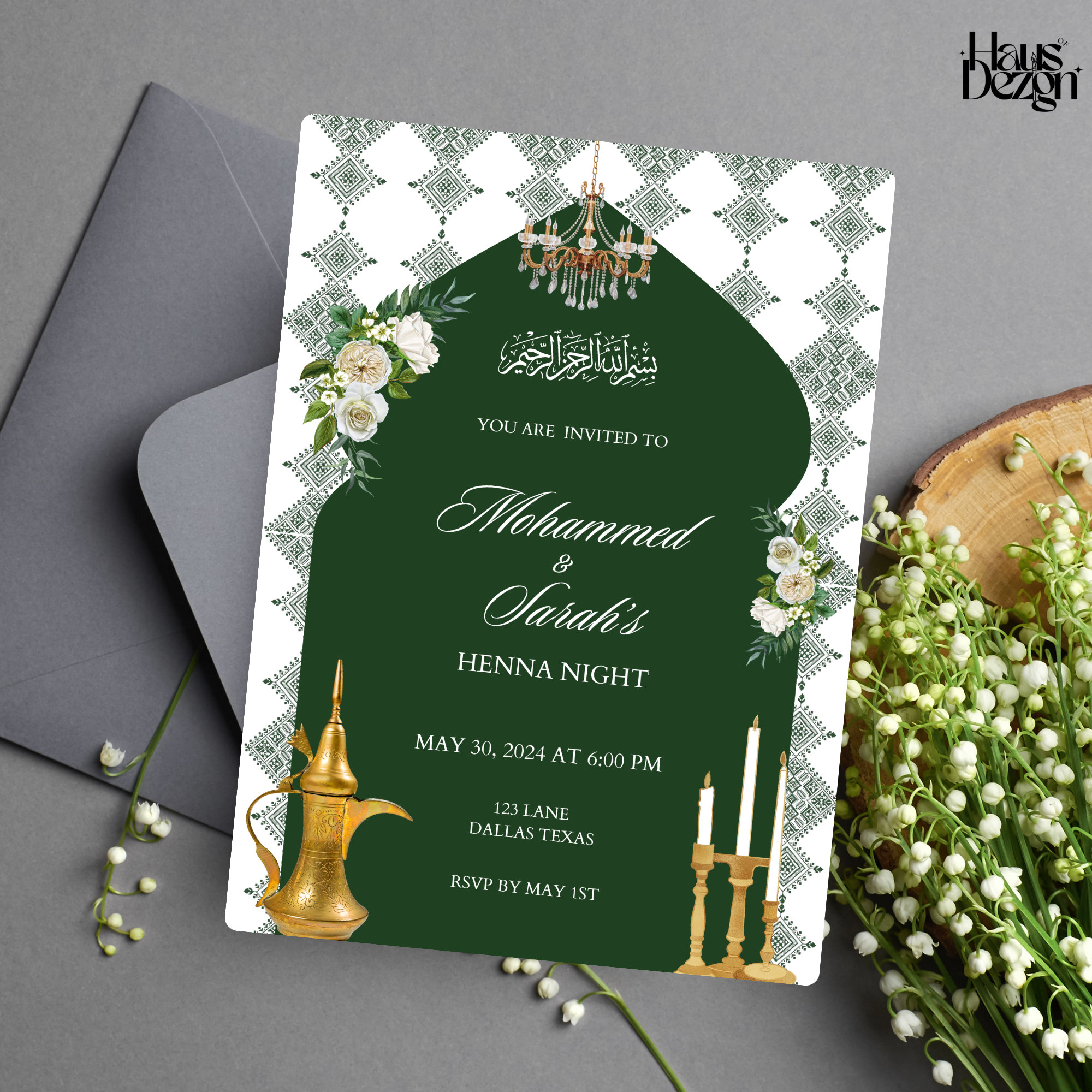 Traditional Moroccan Henna Invitation- Islamic Wedding Invite- Green- Digital Download
