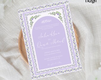 Puede incluir: Una invitación de boda de color morado y blanco con un borde floral y un diseño de arco. La invitación dice "MIK & MRS ALL RIHAN REQUEST THE HONOR OF YOUR PRESENCE AT THE NIKKAIT CEREMONY OF THEIR DAUGHTER Aalia Khan TO Qasim Ahmad SON OF MR & MRS RIZWAN AHMAD FRIDAY, MAY 31, 2024 AFTER ASL NAMAAZ 1500 ISLAMIC CENTER OF FRISCO 121 LANE FRISCO TX Reception to follow"