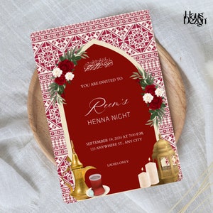 Invitation au henné palestinien marron et blanc Tatreez - Invitation numérique - modèle modifiable - feuilles d'olivier - lanterne - thé Arabi - roses rouges