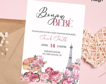 Paris Bonjour Bebe Baby Shower Invitación- Editable- Descarga Digital- Café Parisino- Francia- Tarjeta